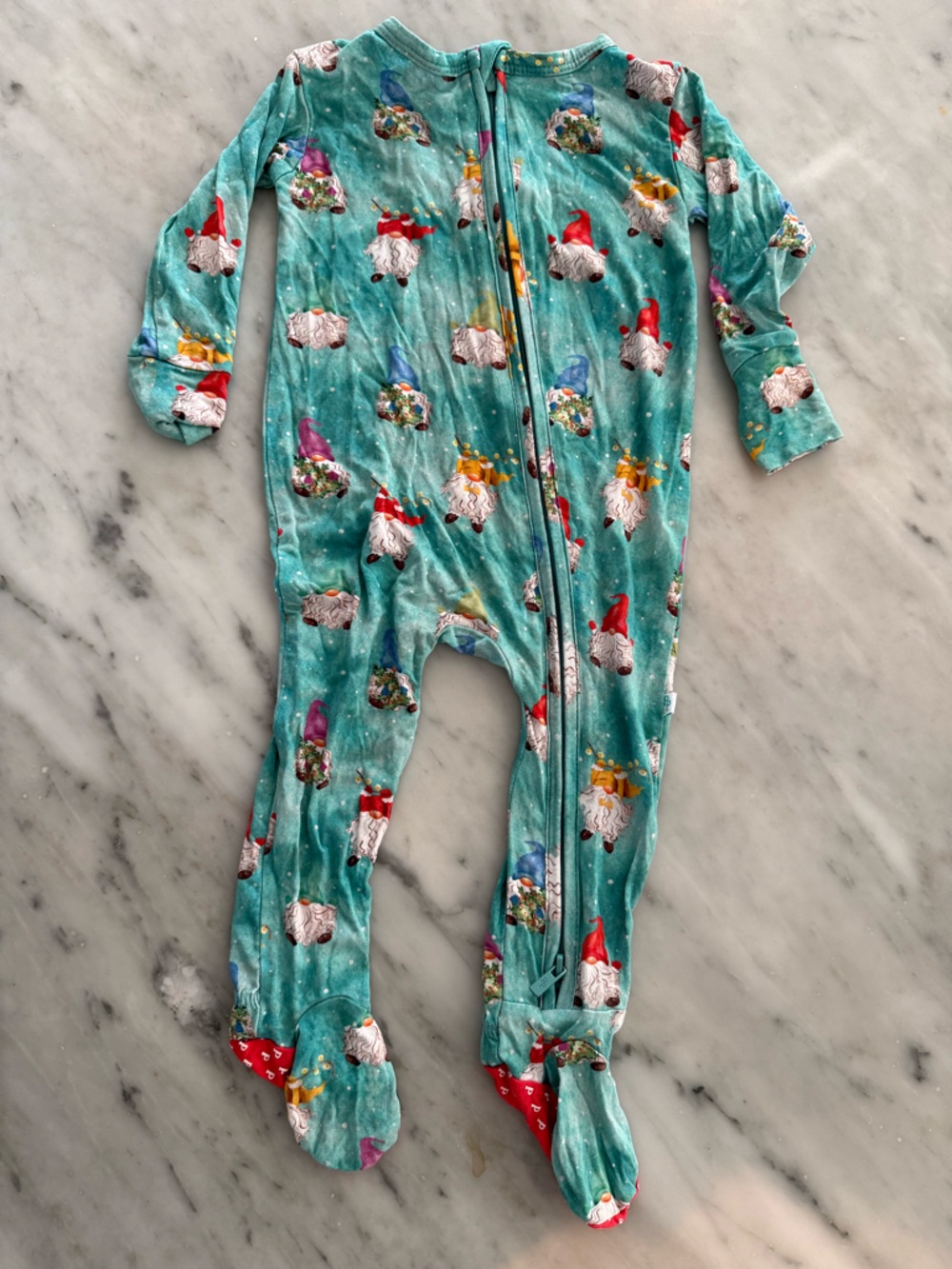 Posh Peanut Turquoise Gnome Print Footed One-Piece